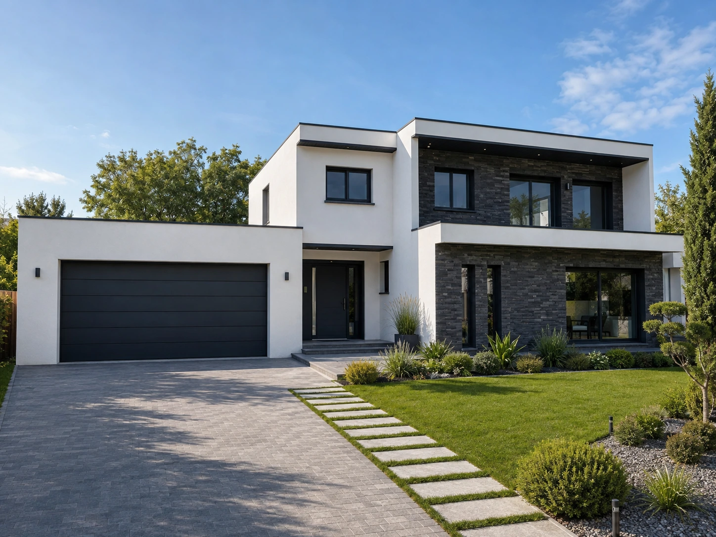 Maison à étage aux façades blanches et aux parements sombres