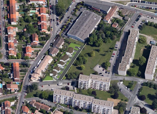 Vue aérienne d’une étude d’ensemble de logements à Bruges